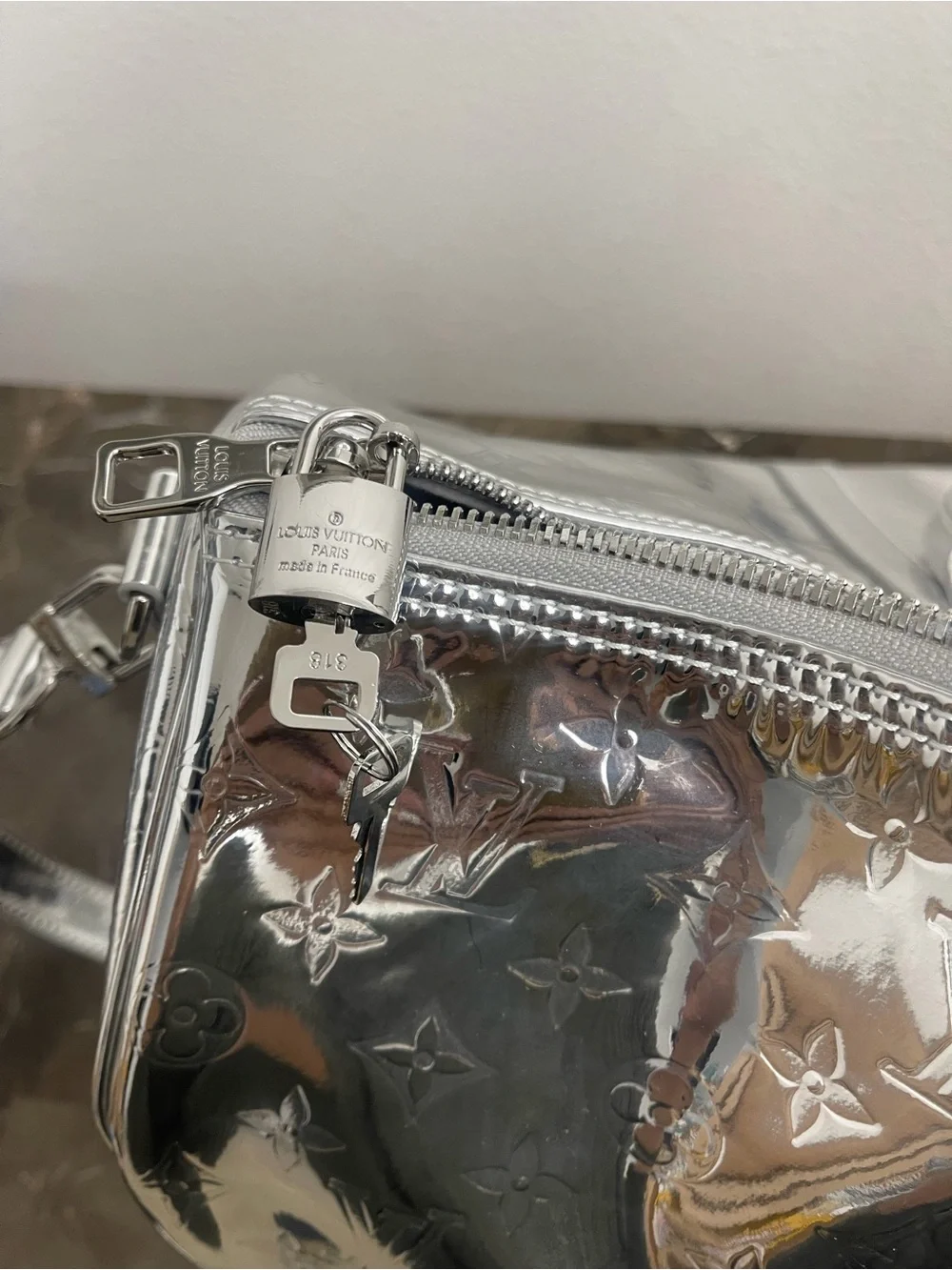Silver Duffle Handbag Zip Closure Silver Hardware Inner Pocket